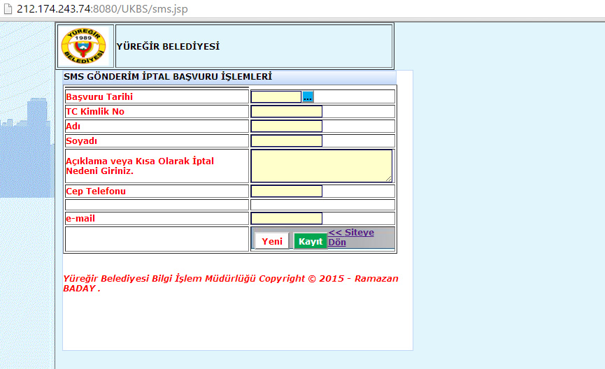 Yüreğir Belediyesi SMS İptal Formu